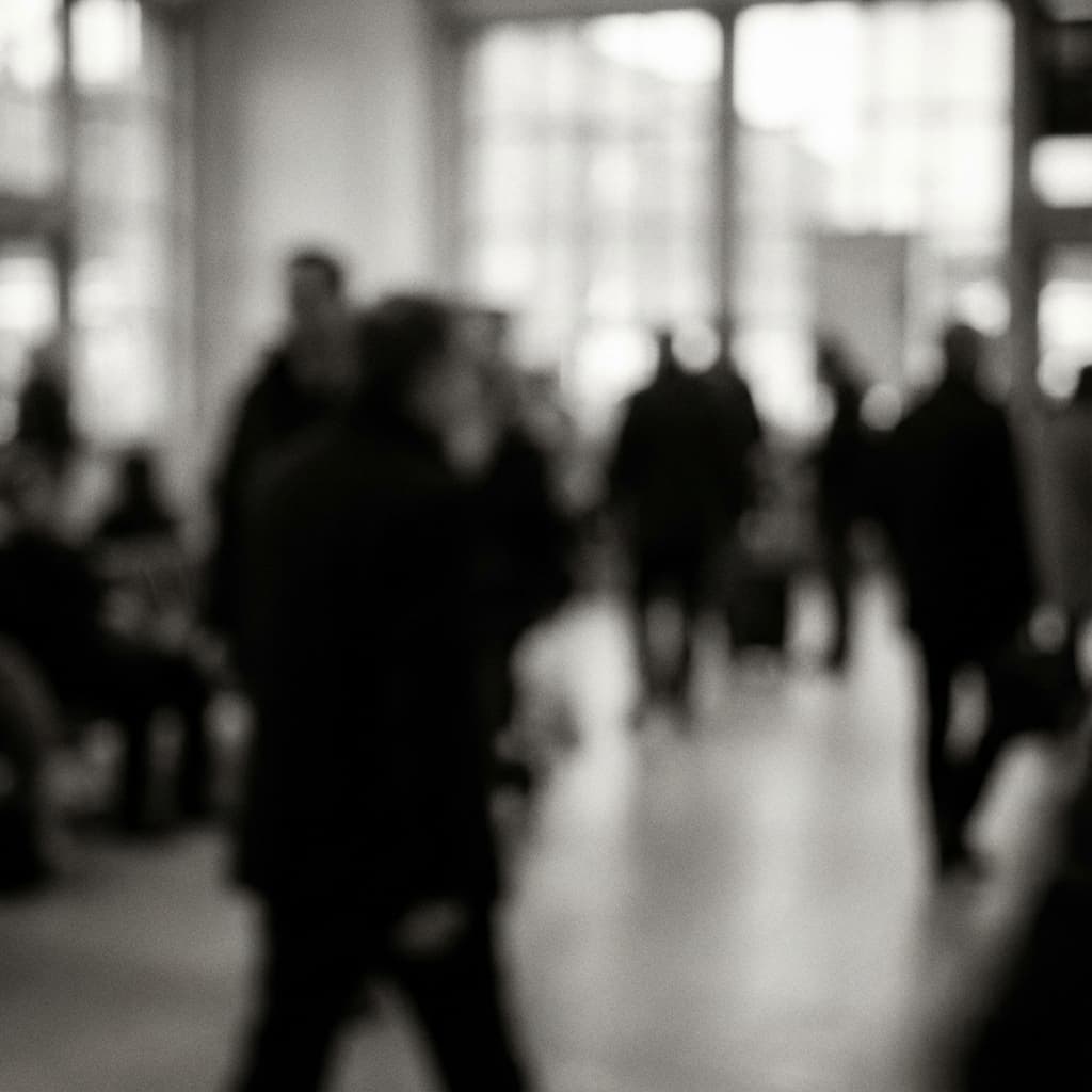 Abstract documentary photo of blurred figures in a shared space, suggesting community